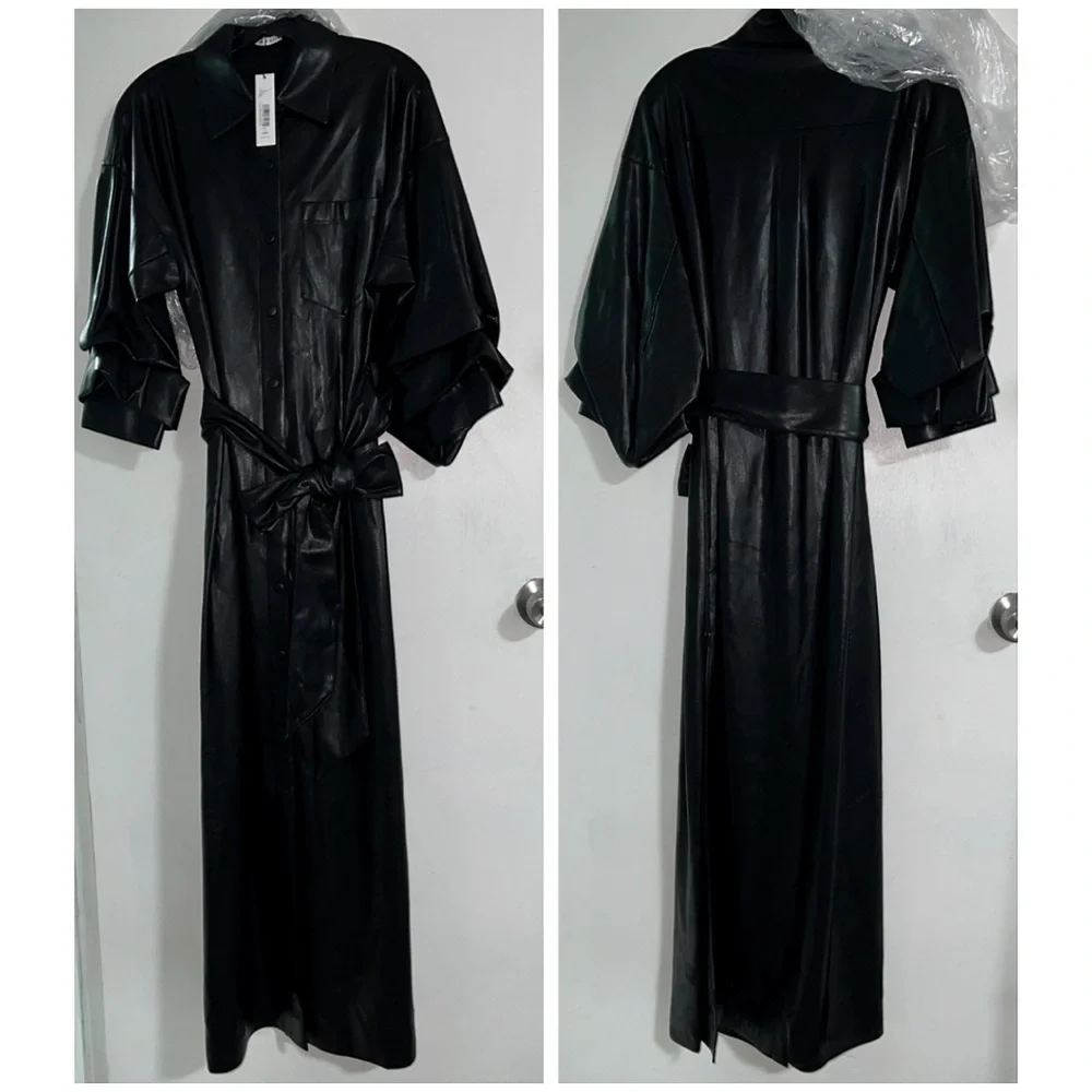 Alice + Olivia Tanika Vegan Leather Button Front Collared Black Maxi Dress - Picture 7 of 15